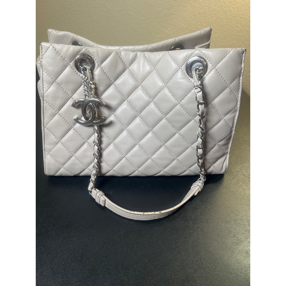 Chanel Surpique Quilted Lambskin Tote Bag Grey Silver Hardware with Pouch